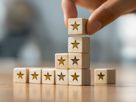 A hand carefully arranges wooden star-shaped blocks in an ascending tower on a table, representing...