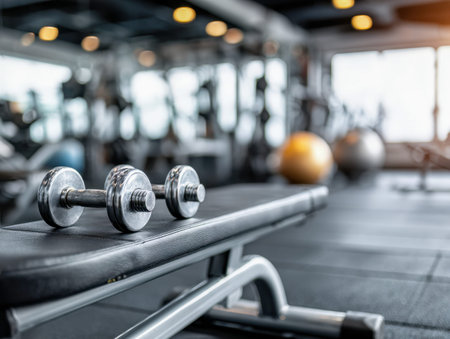 Sleek metallic weights lie on a sturdy bench, surrounded by softly blurred gym gear and bathed in...