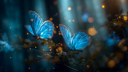 Delicate azure butterflies shimmer softly amid glowing moss and ancient trees, creating a mystical,...