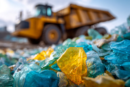 Vibrant plastic debris arranged in an artistic mosaic, set against a soft-focused industrial vehicle signaling ongoing sustainability efforts and eco-friendly practices.のeditorial素材