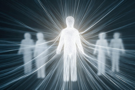 A luminous human outline interlinks seamlessly with diverse figures, illustrating unity, dynamic...