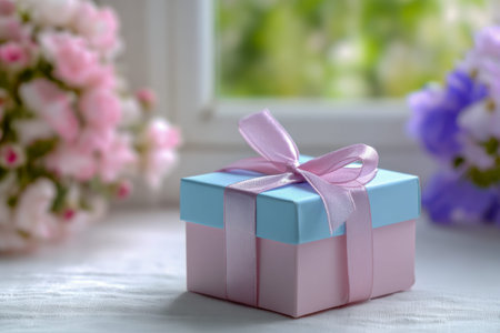 An elegant pastel pink and blue package adorned with a satin ribbon rests on a surface, subtly...