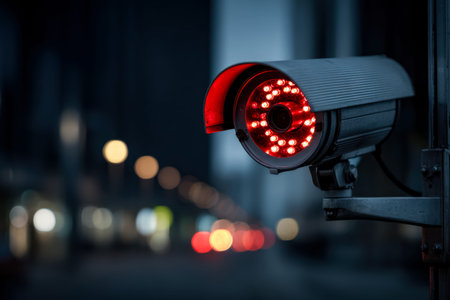 A sleek surveillance device with glowing crimson LEDs keeps watch over a city structure, blending...