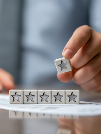 A hand positions carefully a wooden star onto a sleek surface, completing a sequence of five,...