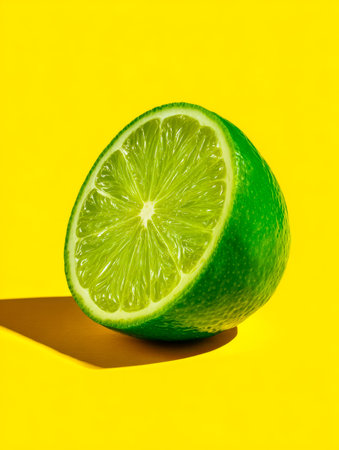 A bright, juicy lime slice with vivid green flesh contrasts against a sunny yellow backdrop,...