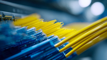 A close-up of vibrant yellow fiber optic wires attached to a sleek blue patch panel, highlighting...