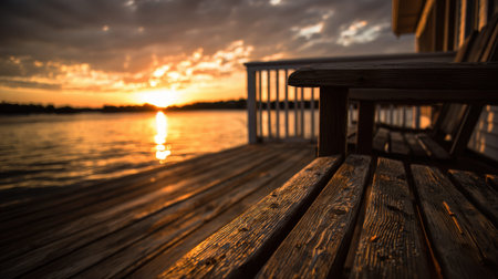 A rustic wooden seat overlooks tranquil waters, illuminated by soft sunset rays, with striking cloud...