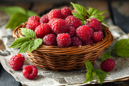 A charming, handcrafted basket brimming with plump, juicy raspberries nestled among vibrant green...