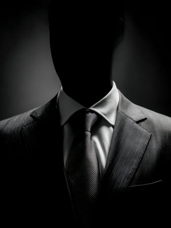 A mysterious silhouette dressed in sharp business wear stands against a dark background, conveying...