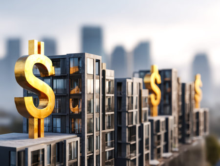 Sleek skyscrapers illuminated with luminous gold symbols, embodying the vitality and allure of urban...
