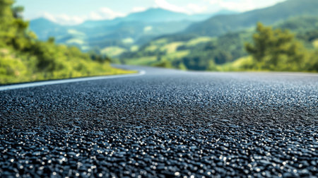 A glistening asphalt surface reflects early morning light, framed by vibrant green slopes and...