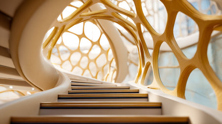 A sleek, flowing staircase seamlessly blends nature-inspired forms with contemporary design,...