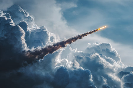 A powerful spacecraft accelerates skyward amid swirling, ominous clouds, capturing a moment of...