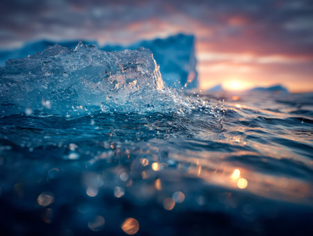 A towering iceberg glows softly as the sun sets, casting warm hues across the icy surface and...