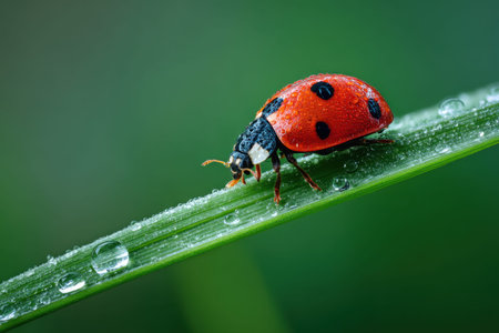 A striking beetle with vivid red and dark markings navigates a dewy grass stem, its glistening...