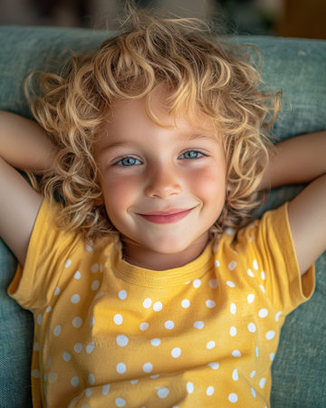 Cheerful kid with lively curls lounge comfortably on a plush sofa, wearing a bright yellow shirt with playful white polka dots, exuding joy.のeditorial素材