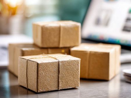 A cozy home workspace features neatly stacked cardboard bundles secured with twine, with a sleek...