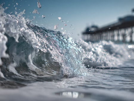 A vibrant seaside scene showcasing a transparent swell crashing against weathered wood pilings,...