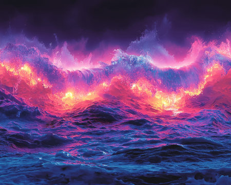 Ethereal sea currents illuminated in vivid pinks and purples swirl beneath a shadowed sky, creating...