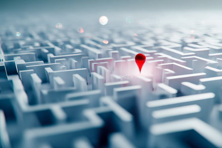 A sleek, high-tech labyrinth with illuminated routes converging on a central focus, symbolizing...