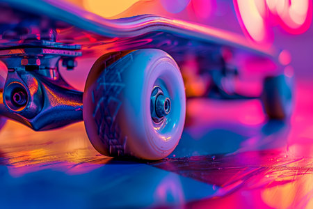 Vibrant close-up of colorful skateboard wheels and bearings under dynamic lightingの写真素材