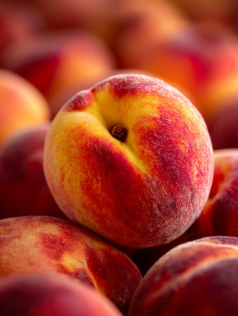 A lush cluster of summer peaches with velvety surfaces and warm tones of crimson and amber, inviting a sense of freshness and seasonal bounty for market displaysの写真素材