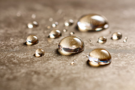 Tiny glistening beads gather on a detailed surface, capturing warm golden hues and creating an...