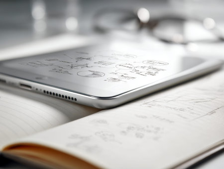 A creative workspace featuring a tablet filled with sketches and handwritten ideas, surrounded by...