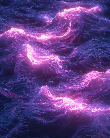 Electrified ocean surges illuminated by radiant purple and pink neon currents, creating a surreal,...