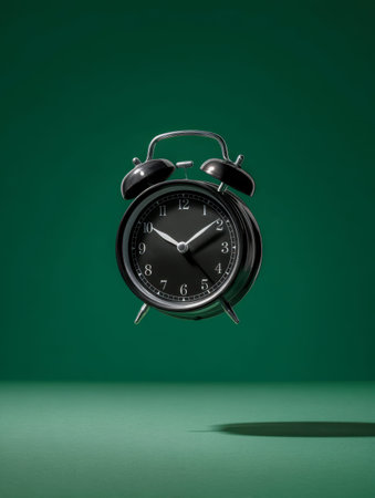 An black twin bell alarm clock hovers above a vibrant green base, illuminated by striking lighting...