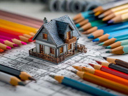 A detailed scale model of a home rests atop an architectural plan, encircled by vibrant pencils,...