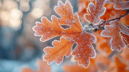 Vibrant orange leaves, dusted with icy frost, clinging to a bare winter branch, creating a striking contrast between warmth and cold.の写真素材