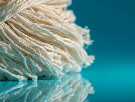 Close-up of damp white mop strands revealing intricate textures and subtle reflections on a shiny...