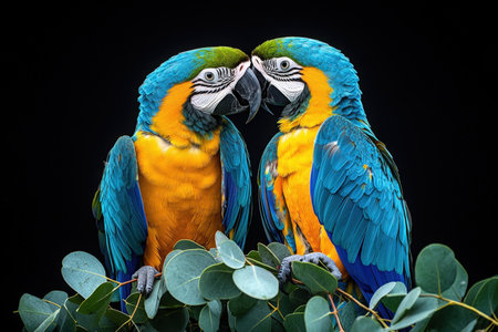 Vibrant macaws exchange gazes amid lush green leaves, their bold plumage vivid against a mysterious dark backdrop, evoking exotic elegance.の写真素材
