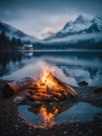 A cozy blaze flickers amidst rugged stones by a tranquil lake, casting shimmering gold on the...