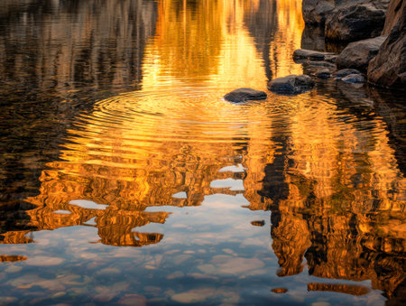 Warm evening light casts shimmering gold hues on calm river surfaces, mirrored cliff formations and...