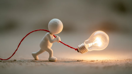A detailed figurine grasping a luminous bulb connected by a vibrant red cord, embodying the spark of...
