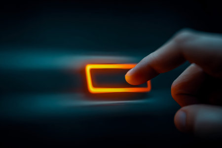 A lone individual interacts with a luminous rectangular control in a shadowy environment, the...
