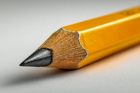 A vivid yellow wooden pencil, precisely sharpened with a detailed graphite point, sits on a pale...