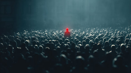 A lone individual with a fiery crimson aura speaks passionately to a vast, dimly lit assembly,...