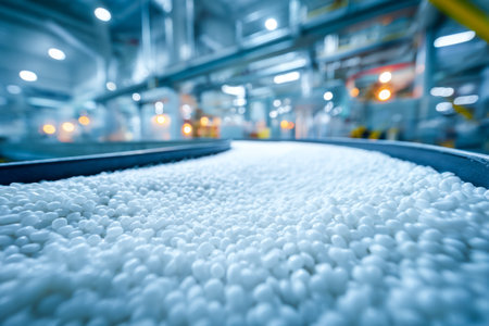 Tiny, colorful spheres cascade across a busy factory floor, highlighting the raw materials used in...