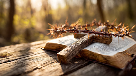 A weathered Bible lies open amid lush greenery, topped with a thorny crown that echoes themes of...