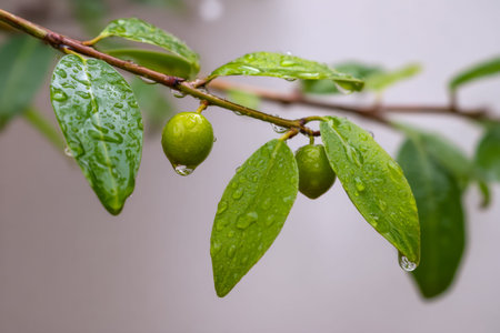 Juicy green olives glisten with dew-like droplets, set against a misty, rain-soaked backdrop that...