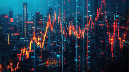 A glowing urban skyline under night sky, overlaid with colorful financial charts and data streams...