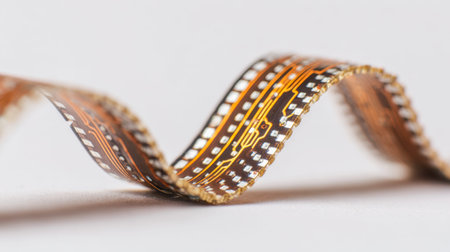 Intricate electronic traces and tiny components elegantly arranged in flowing curves create a...