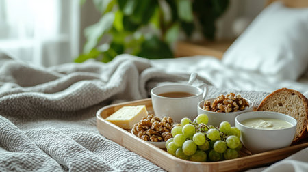 An inviting scene of a restful morning featuring a plated assortment of ripe grapes, crunchy nuts, fresh bread, and a steaming drink on a soft beddingの写真素材