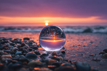A transparent orb rests atop rugged stones, capturing the fiery hues of dusk as gentle waves lap the...