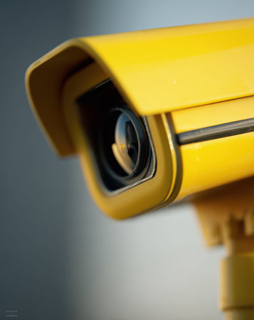 A vibrant yellow casing encases an outdoor security camera lens, designed for durability and...
