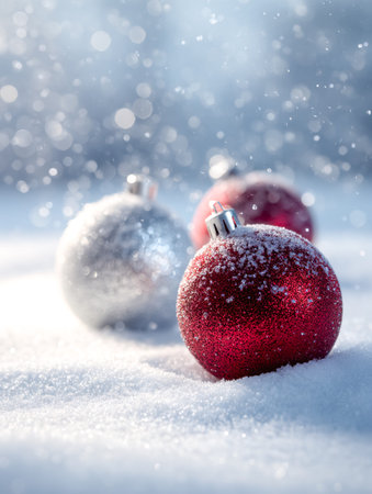 Vibrant baubles glisten amid fresh snow, capturing the joyful spirit of the season in a serene...