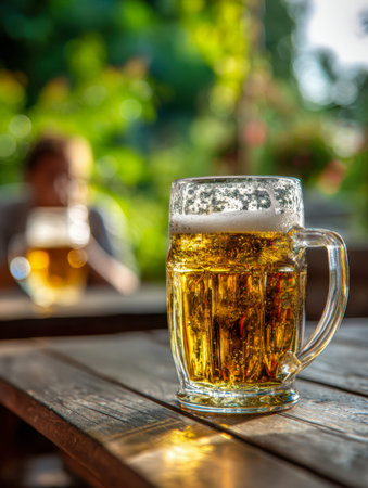 Sun-drenched outdoor scene showcasing a chilled, amber drink with a frothy top on a rustic wooden...
